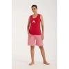 MİRAY- Kadın Kırmızı Kurdele Detaylı Çizgili Şortlu Pijama Takımı