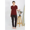 MİRAY- Kadın Kısa Kol Pamuk Penye Pijama Takım Bordo