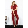 MİRAY- Kadın Kolu Dantelli Penye Pijama Takım Bordo