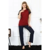 MİRAY- Kadın Kolu Dantelli Penye Pijama Takım Bordo