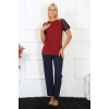 MİRAY- Kadın Kolu Dantelli Penye Pijama Takım Bordo