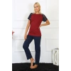 MİRAY- Kadın Kolu Dantelli Penye Pijama Takım Bordo