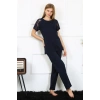 MİRAY- Kadın Kolu Dantelli Penye Pijama Takım Lacivert
