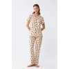 MİRAY- Kadın Krem Rengi Kalp Desenli Önden Düğmeli Pijama Takımı