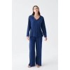 MİRAY- Kadın Lacivert Düğmeli Yaka Detaylı Pamuklu Pijama Takımı