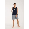 MİRAY- Kadın Lacivert Kurdele Detaylı Çizgili Şortlu Pijama Takımı