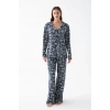 MİRAY- Kadın Lacivert “Paris” Yazı Desenli Düğmeli Pamuklu Pijama Takımı