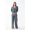 MİRAY- Kadın Lacivert “Paris” Yazı Desenli Düğmeli Pamuklu Pijama Takımı