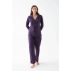 MİRAY- Kadın Mor Düğmeli Yaka Detaylı Desenli Pamuklu Pijama Takımı