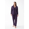 MİRAY- Kadın Mor Düğmeli Yaka Detaylı Desenli Pamuklu Pijama Takımı