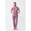 MİRAY- Kadın Mor Patili Tavşan Baskılı Cepli Pijama Takımı