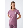 MİRAY- Kadın Mor Patili Tavşan Baskılı Cepli Pijama Takımı