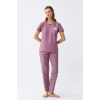 MİRAY- Kadın Mor Patili Tavşan Baskılı Cepli Pijama Takımı