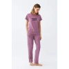 MİRAY- Kadın Mor Yıldız Desenli Penye Kısa Kol Pijama Takımı