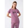 MİRAY- Kadın Mor Yıldız Desenli Penye Kısa Kol Pijama Takımı
