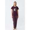MİRAY- Kadın Mürdüm Papatya Baskılı Kısa Kollu Penye Pijama Takımı