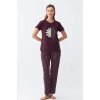 MİRAY- Kadın Mürdüm Papatya Baskılı Kısa Kollu Penye Pijama Takımı