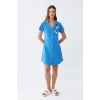 MİRAY- Kadın Pamuk Penye Kısa Kol Düğmeli Mavi Tunik Gecelik