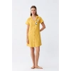 MİRAY- Kadın Pamuk Penye Kısa Kol Düğmeli Sarı Tunik Gecelik