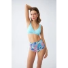 MİRAY- Kadın Pedli Üst Tropik Desenli Yüksek Bel Bikini Takımı - Buz Mavisi