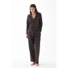 MİRAY- Kadın Siyah Düğmeli Kalp Desenli Pamuklu Pijama Takımı