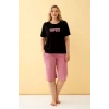 MİRAY- Kadın Siyah “No Rules Just Ride” Yazılı Büyük Beden Kapri Pijama Takımı