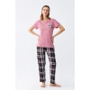 MİRAY- Kadın Somon Ayıcık Baskılı Ekoseli Penye Pijama Takımı