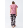 MİRAY- Kadın Somon Ayıcık Baskılı Ekoseli Penye Pijama Takımı