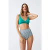 MİRAY- Kadın Yeşil Pedli Geometrik Desenli Yüksek Bel Bikini Takımı