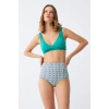 MİRAY- Kadın Yeşil Pedli Geometrik Desenli Yüksek Bel Bikini Takımı