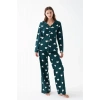 MİRAY- Kadın Zümrüt Yeşili Kalp Desenli Düğmeli Pamuklu Pijama Takımı