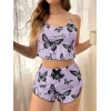 Mor Renk Kelebek Desenli Şortlu Ev Giyim Takımı,Kadın Yazlık Askılı Pijama, Rahat ve Şık Ev Giyim