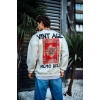 Oversize Bisiklet Yaka Üç İplik Baskılı SweatShirt - Beyaz -