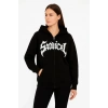 Oversize Kapüşonlu Sweatshirt  Hoodie 3 İplik Şardonlu Pamuklu Kumaş, Önü Baskılı, Fermuarlı Rahat Kalıp, Kışlık ve Sokak Stili Sweat - Siyah