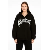 Oversize Kapüşonlu Sweatshirt  Hoodie 3 İplik Şardonlu Pamuklu Kumaş, Önü Baskılı, Fermuarlı Rahat Kalıp, Kışlık ve Sokak Stili Sweat - Siyah