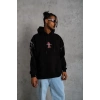 Oversize Üç İplik Kapüşonlu Sweatshirt – Siyah “Don’t Be Terrified” Ön, Sırt ve Kol Baskılı, Kanguru Cepli, Ribanalı Rahat Model- Siyah -