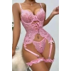 Özel Tasarım Dantelli Fantezi Pembe Jartiyer Takımı