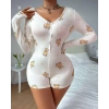Pamuklu Beyaz Ayıcık Desenli Düğmeli Uzun Kol Tulum Pijama