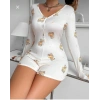 Pamuklu Beyaz Ayıcık Desenli Düğmeli Uzun Kol Tulum Pijama