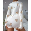 Pamuklu Beyaz Ayıcık Desenli Düğmeli Uzun Kol Tulum Pijama