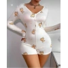 Pamuklu Beyaz Ayıcık Desenli Düğmeli Uzun Kol Tulum Pijama