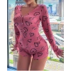 Pamuklu Pembe Siyah Kalp Desenli Düğmeli Uzun Kol Tulum Pijama