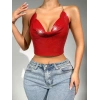 Parlak Kırmızı Crop & Bluz Kolsuz Kayık Yaka Zırh Büstiyer