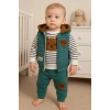 Peluş Ayıcık Desenli Kapişonlu 3lü Erkek Bebek Takımı
