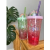 Pink Suluk Pipetli Buzlu Cam Görünümlü Led Işıklı 450 ML Çift Katman Mika 2103 Yeşil