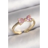 Pirinç Gold Renk Pembe Zirkon Taşlı Kalp Fiyonk Model Kadın Yüzük - TJ-BYK3641
