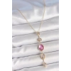 Pirinç Zincir Gold Renk Pembe Zirkon Taşlı Y Kolye - TJ-BKO10228