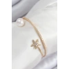 Pirinç Zirkon Taşlı Yıldız Ve İnci Model Gold Renk Kadın Bileklik - TJ-BB7883