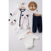 Puanlı Ayıcık Nakışlı Tulumlu % 100 Pamuk Erkek Bebek 5li Set