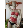 Püskül Detaylı Kırmızı Deri Korse Sütyen Harness Takım